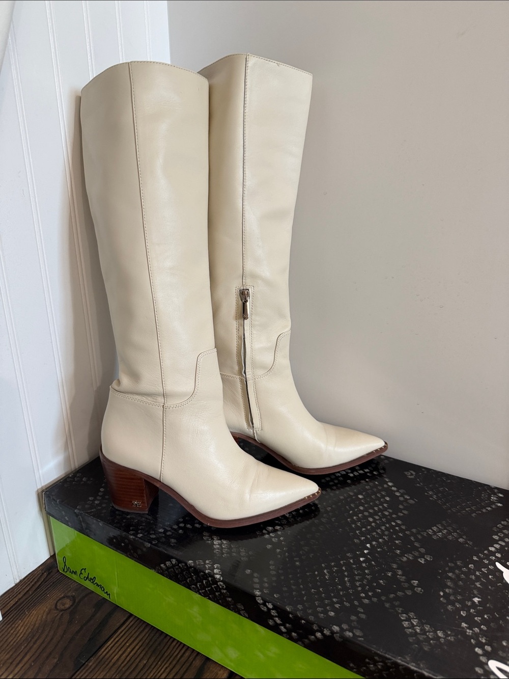 Sam Edelman Lindsay Ivory LeatherKnee-High Western Boots